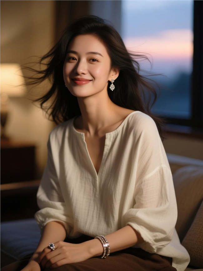 白色棉麻上衣美女摄影图片