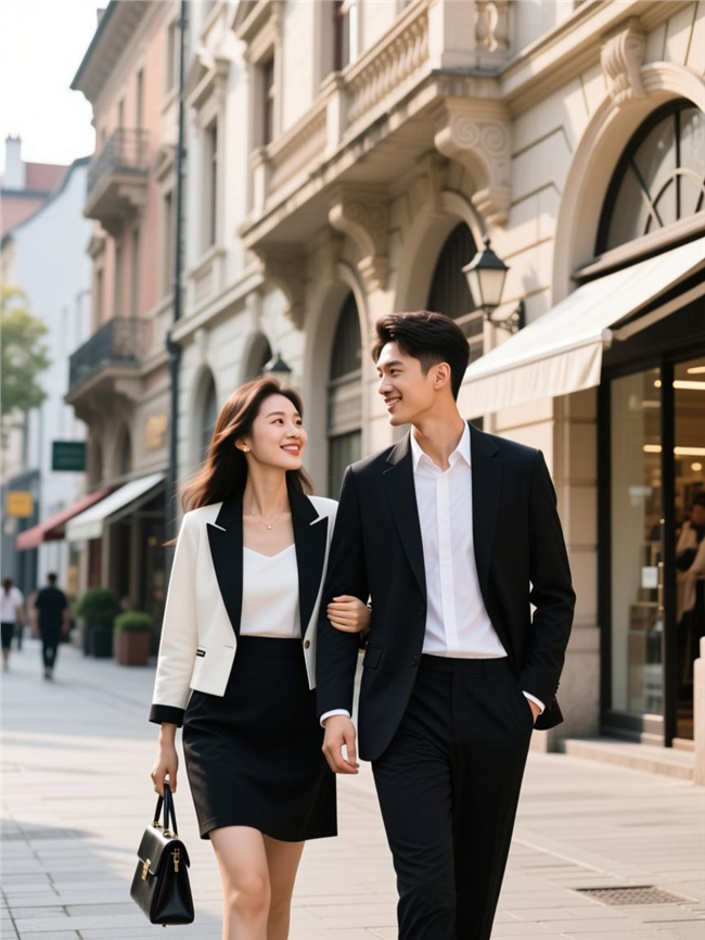 街头年轻情侣手挽手逛街图片