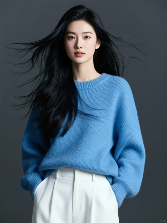 蓝色宽松毛衣美女写真摄影图片