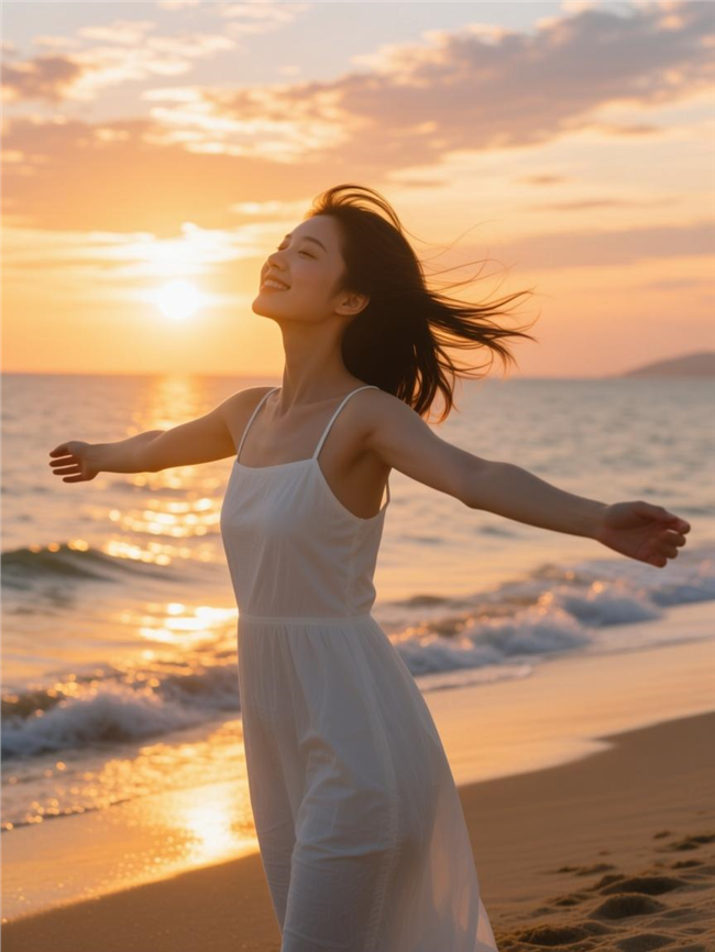 海边黄昏氛围感美女写真图片