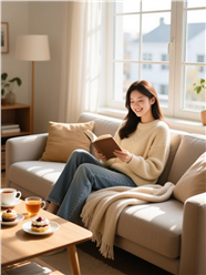 北欧风客厅沙发美女看书图片