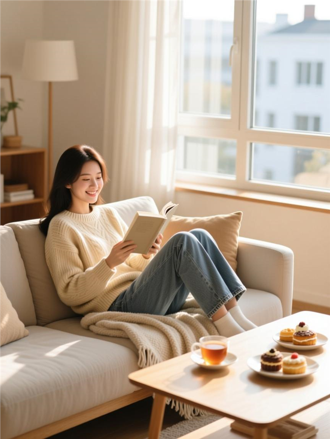 坐在沙发上看书的美女图片