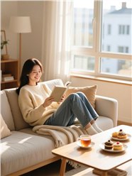 坐在沙发上看书的美女图片