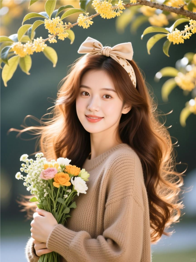 棕色长卷发手捧花束的美女图片