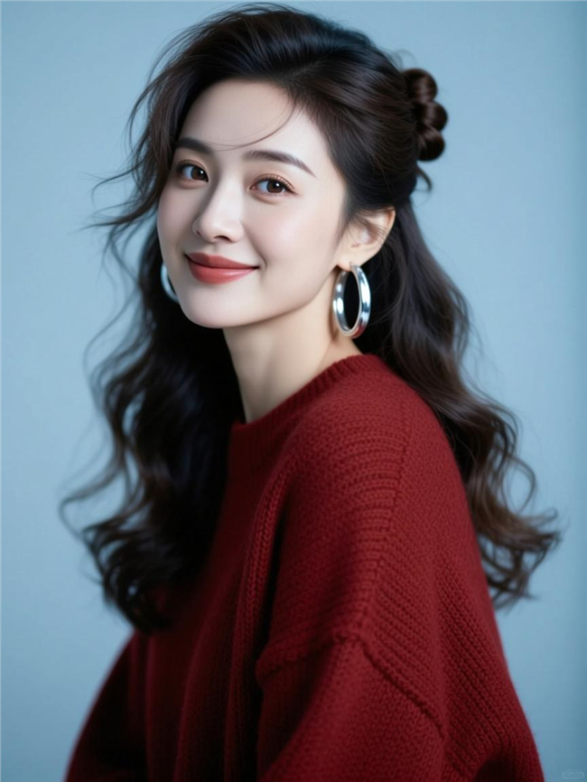 宽松酒红色毛衣卷发美女写真图片