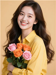 黄色衬衫美女手捧花图片