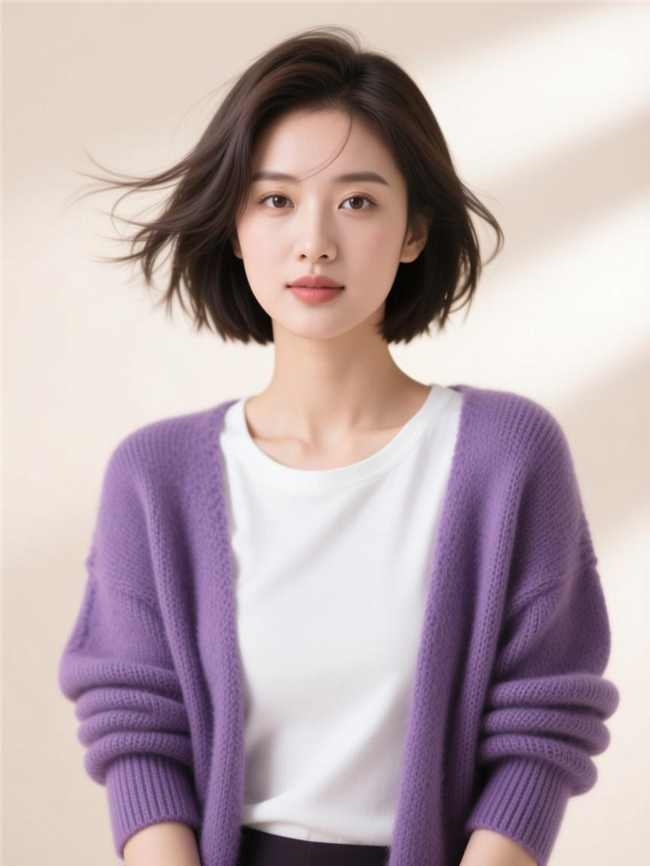 紫色针织衫美女写真图片