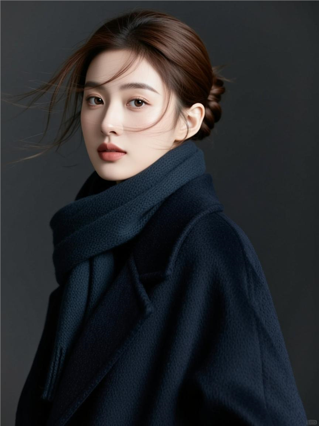 深色毛呢大衣低盘发美女图片