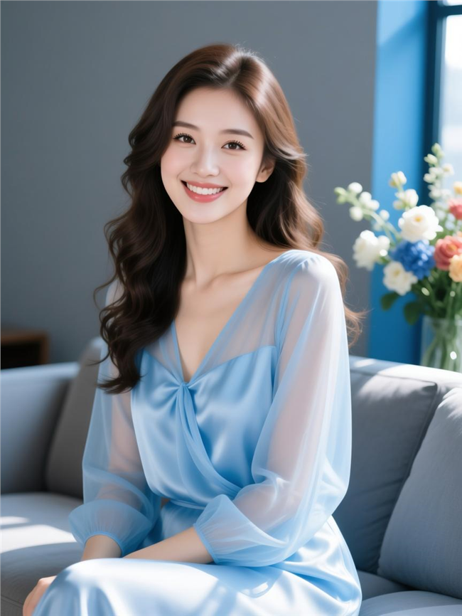 浅蓝色雪纺连衣裙美女图片