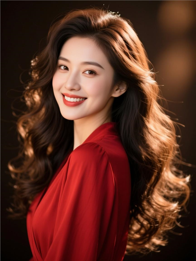 大红色丝绸连衣裙长卷发美女写真图片