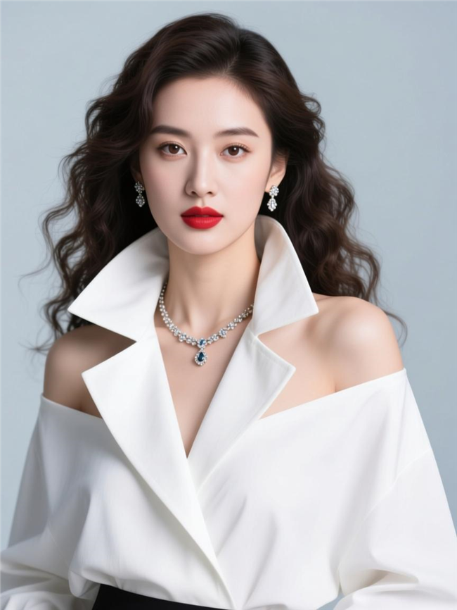 白色宽松露肩大叠领衣服美女图片