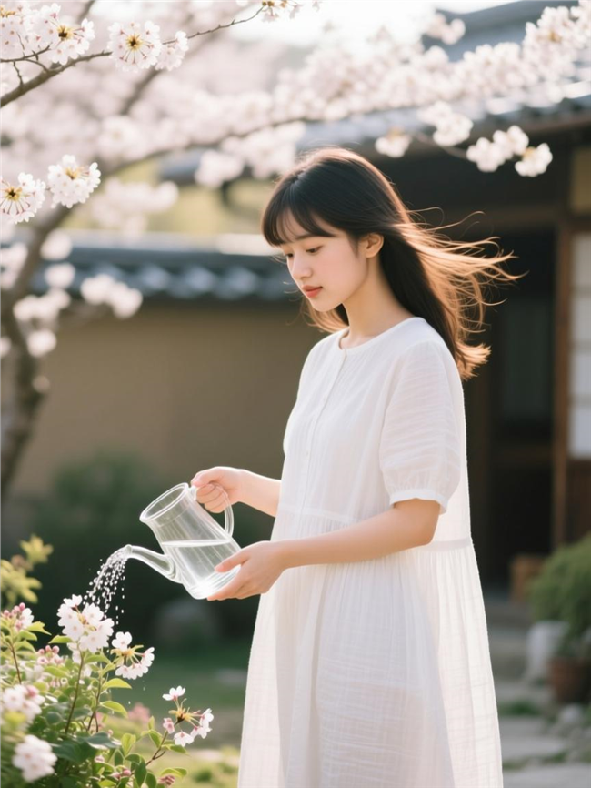 白色连衣裙少女正在浇花图片