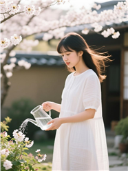 白色连衣裙少女正在浇花图片