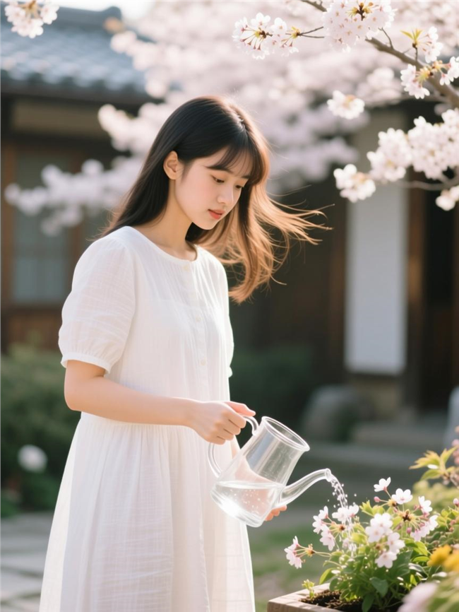正在浇花的白裙美女摄影图片