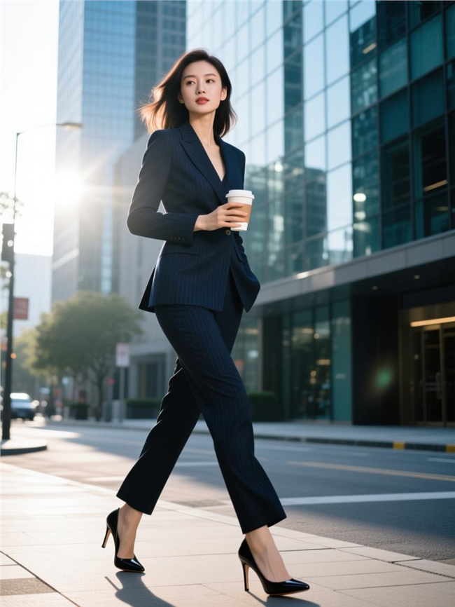 黑色西装外套商务美女街拍图片