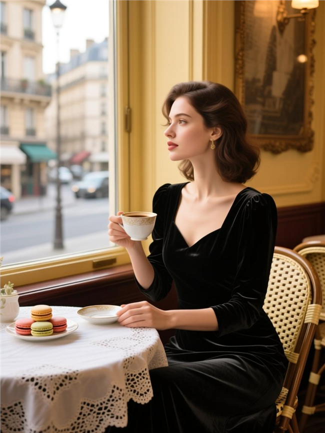 法式复古风美女咖啡店喝咖啡图片