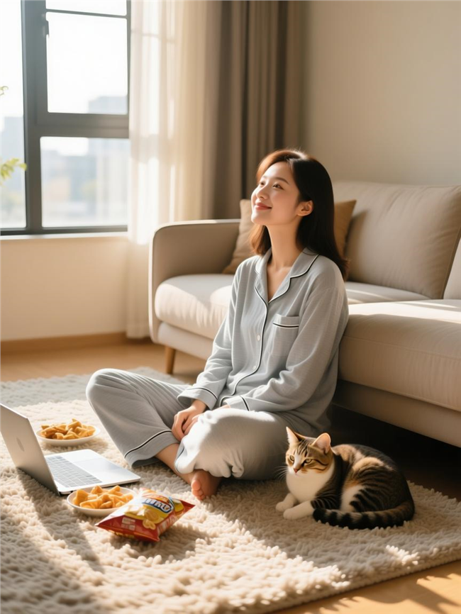 慵懒居家风美女宠物猫摄影图片