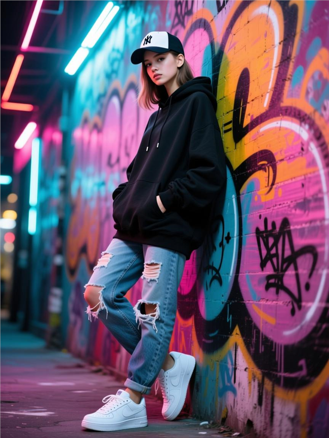 街头涂鸦墙破洞牛仔裤美女图片