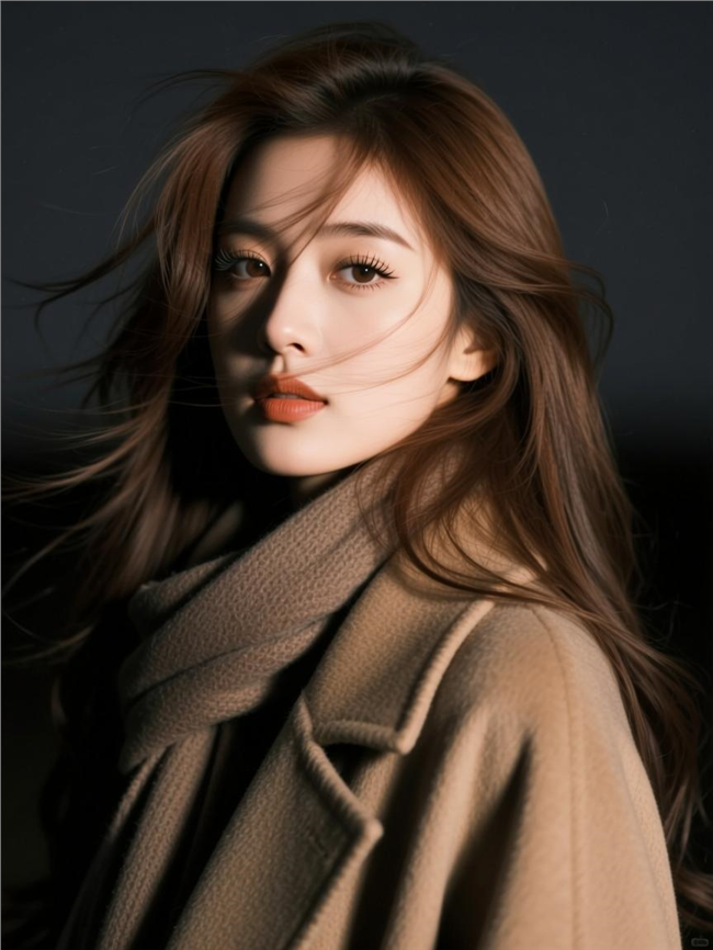 棕色大衣长发飘飘美女摄影图片