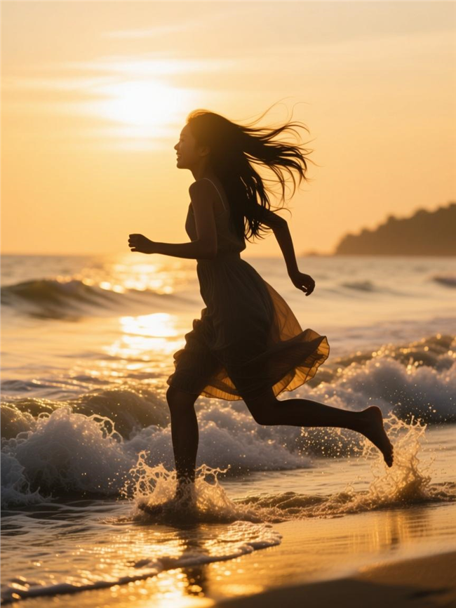 日暮黄昏女孩海边奔跑剪影图片