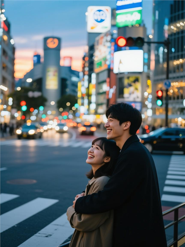 东京街头日暮黄昏情侣街拍图片