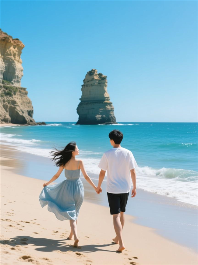 夏日蓝色海边沙滩手拉手情侣图片