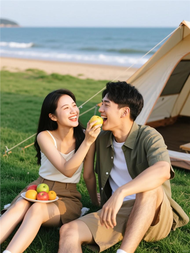 海边露营帅哥美女情侣图片