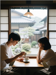 日式咖啡屋喝咖啡的情侣图片