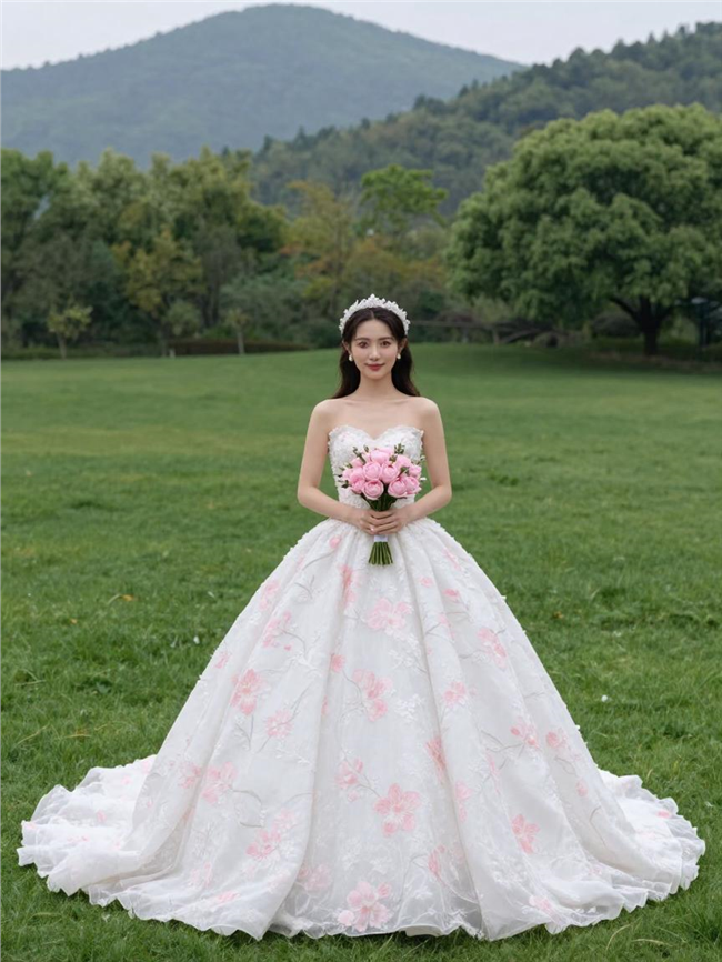 粉色花纹白色拖尾婚纱美女图片