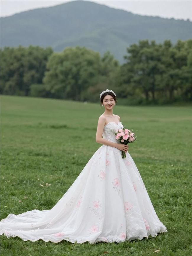 白色拖尾婚纱美女草地写真图片