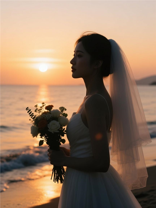 日暮黄昏手捧花美女婚纱摄影图片