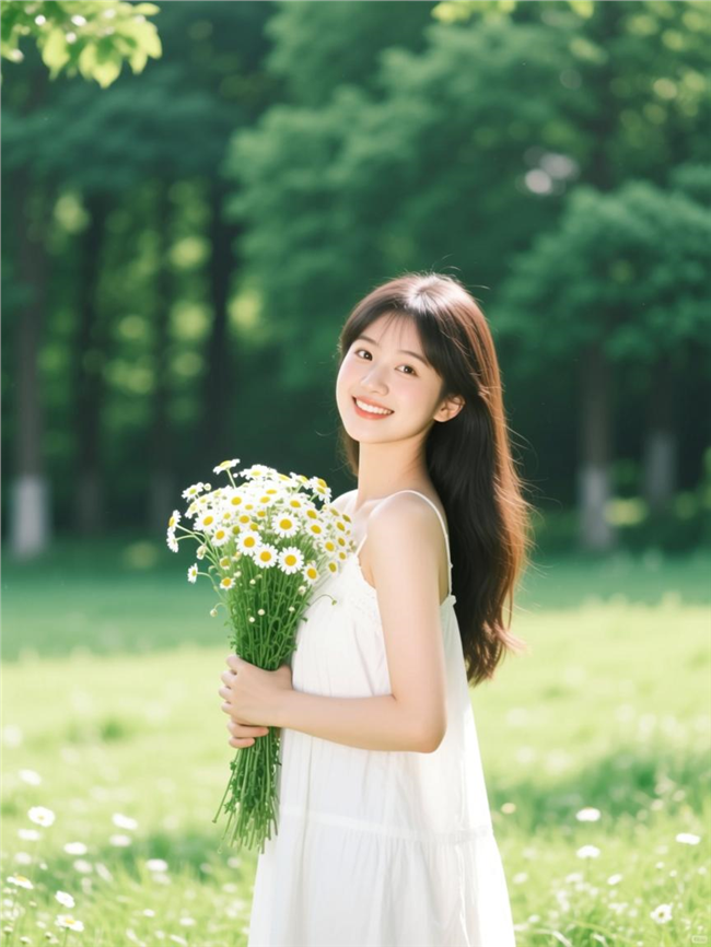 小清新草地手捧花美女写真图片