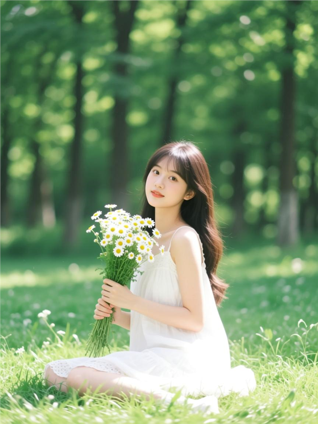 美女树林草地上捧着小雏菊图片