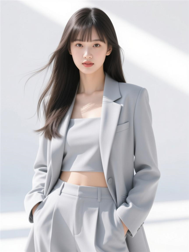 灰色西装套装长发美女写真图片