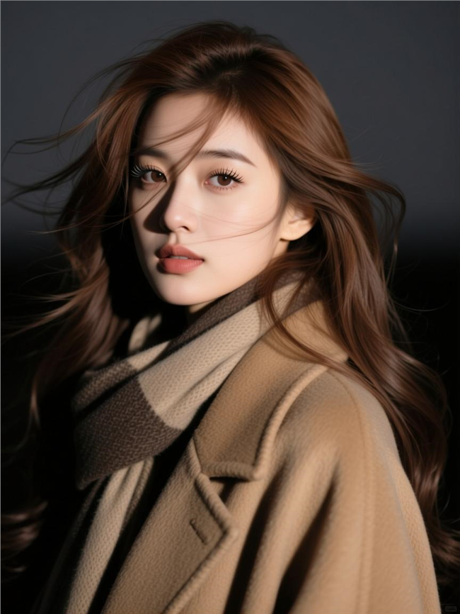 棕色长发随风飘动美女写真图片