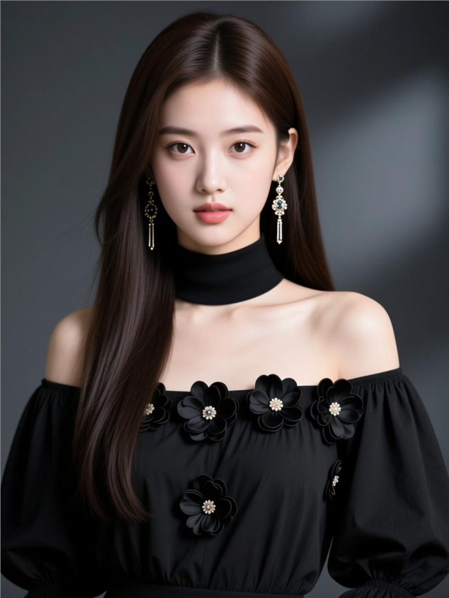 电影质感黑色露肩装性感美女图片