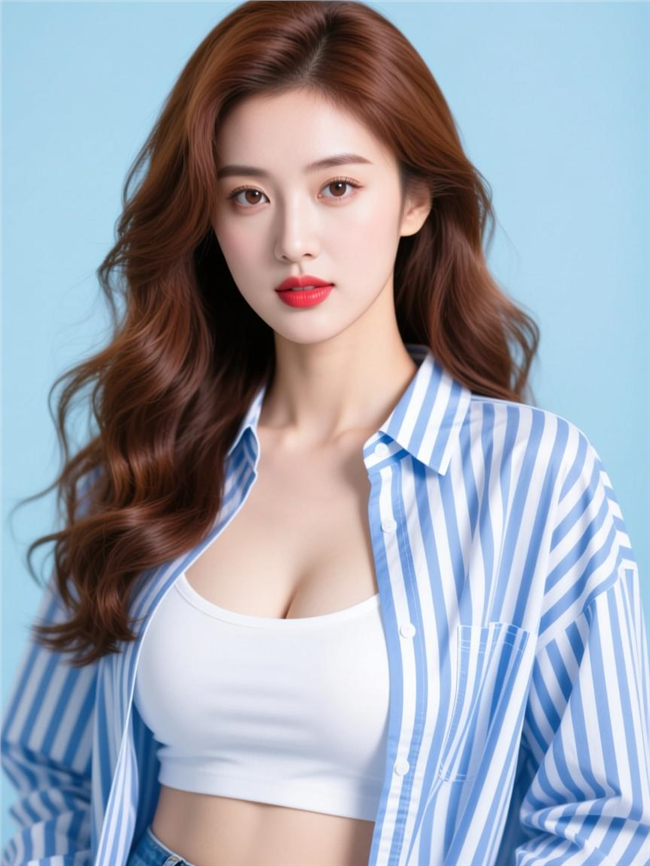 蓝白条纹衬衫性感美女写真图片