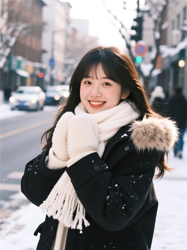 街头穿着羽绒服戴着手套围巾的美女图片