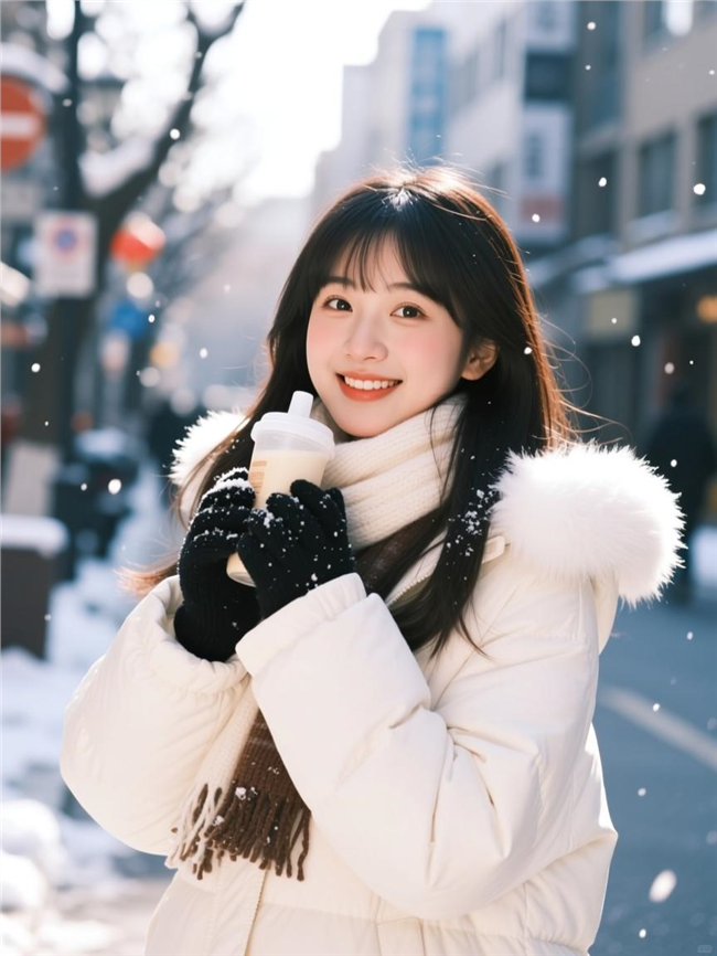 冬季街头雪花纷飞甜美女生图片