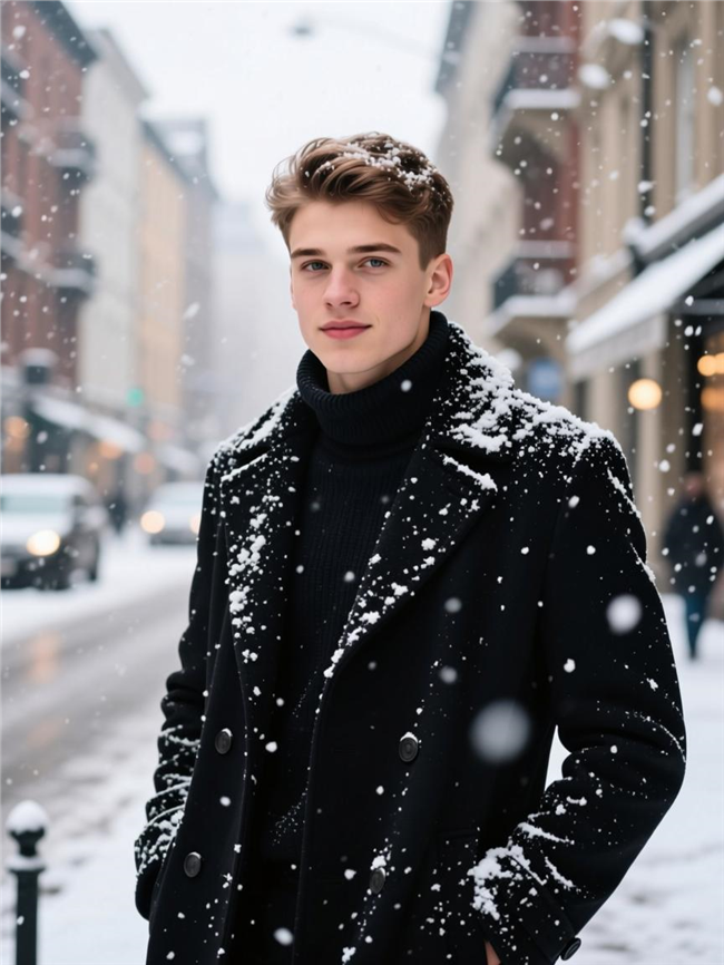 冬季街头雪花纷飞帅哥写真图片