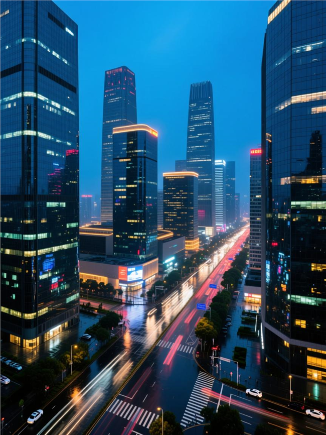 雨后暮色下的城市高楼夜景图片