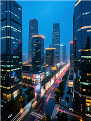 雨后暮色下的城市高楼夜景图片