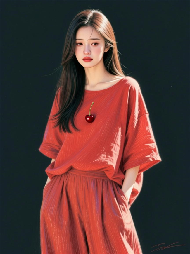 慵懒风红色棉麻套装美女图片