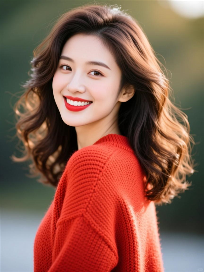 红色羊毛衫长卷发美女写真图片