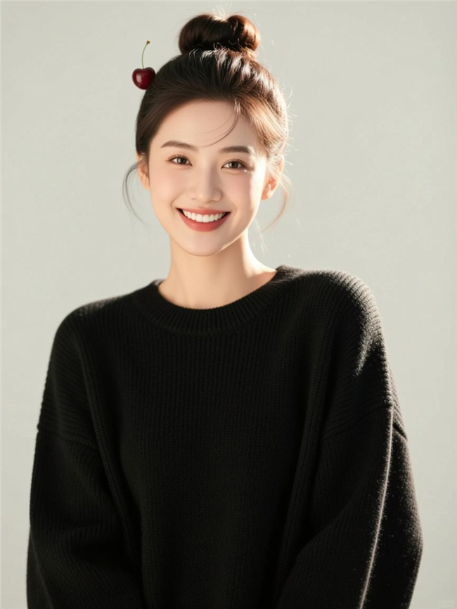 黑色圆领宽松羊毛衫高丸子头美女图片