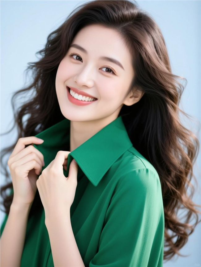 冷白皮绿色衬衫美女摄影图片