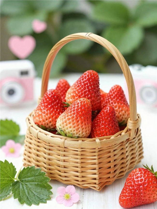 一篮子新鲜丹东草莓摄影图片