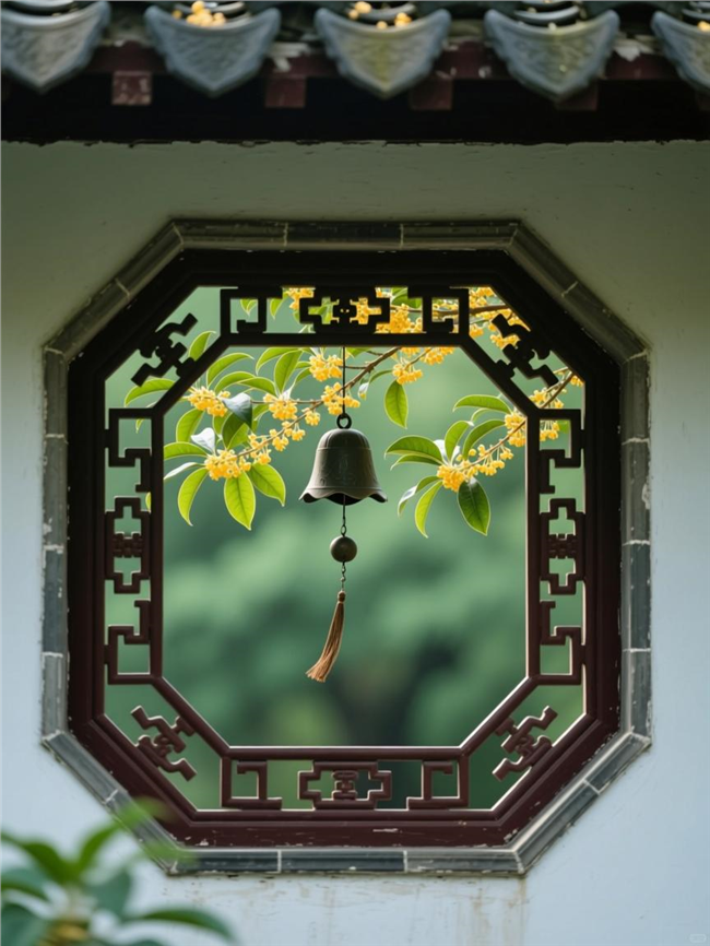 古风建筑桂花窗楞风铃摄影图片