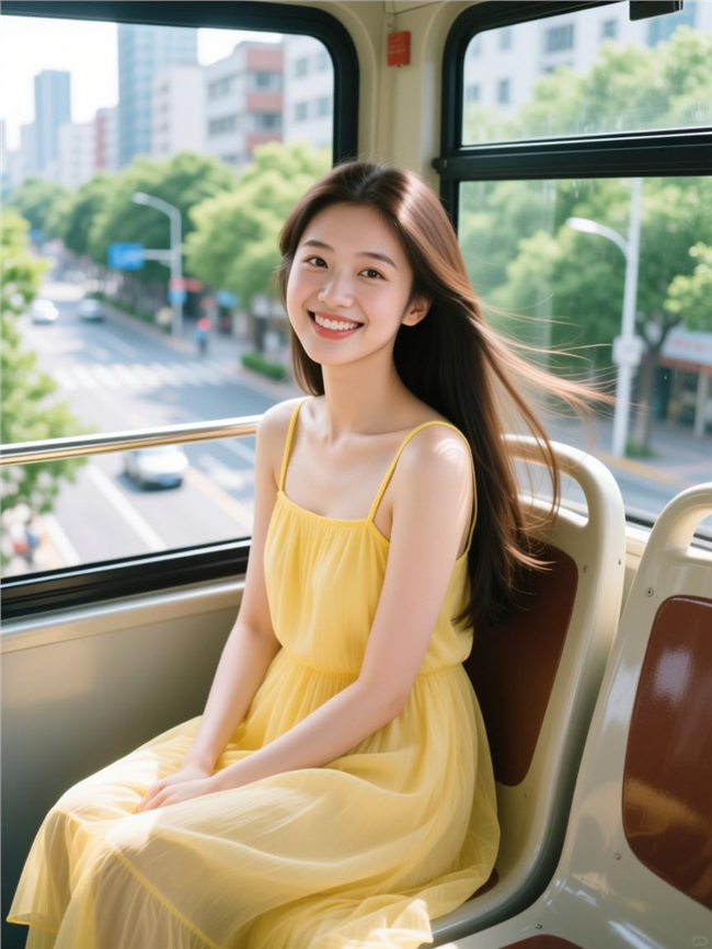 坐在观光巴士里的连衣裙美女图片