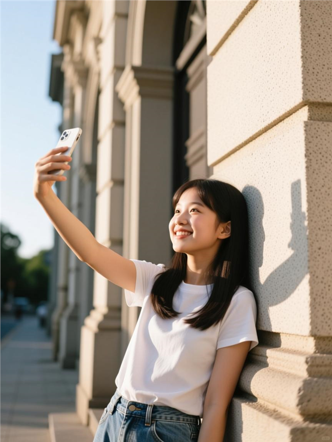 白色T恤美女墙角自拍图片